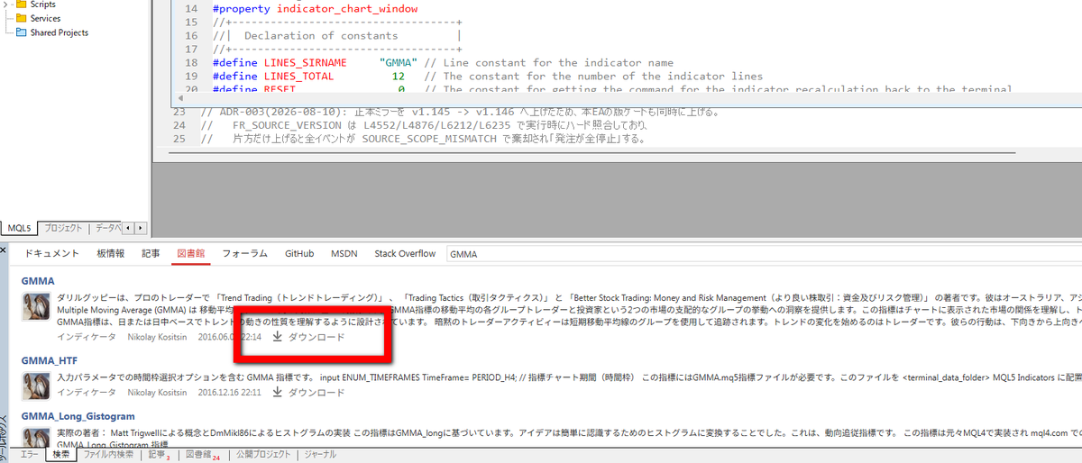 MT5のデータフォルダ内、MQL5とIndicatorsフォルダ