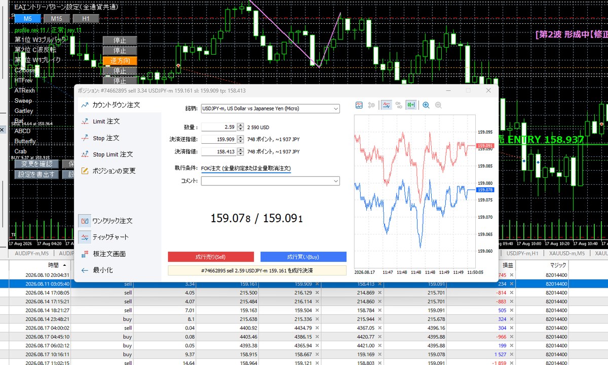 MT5のオーダー発注画面で数量欄に保有ロットより少ない値を入力した状態